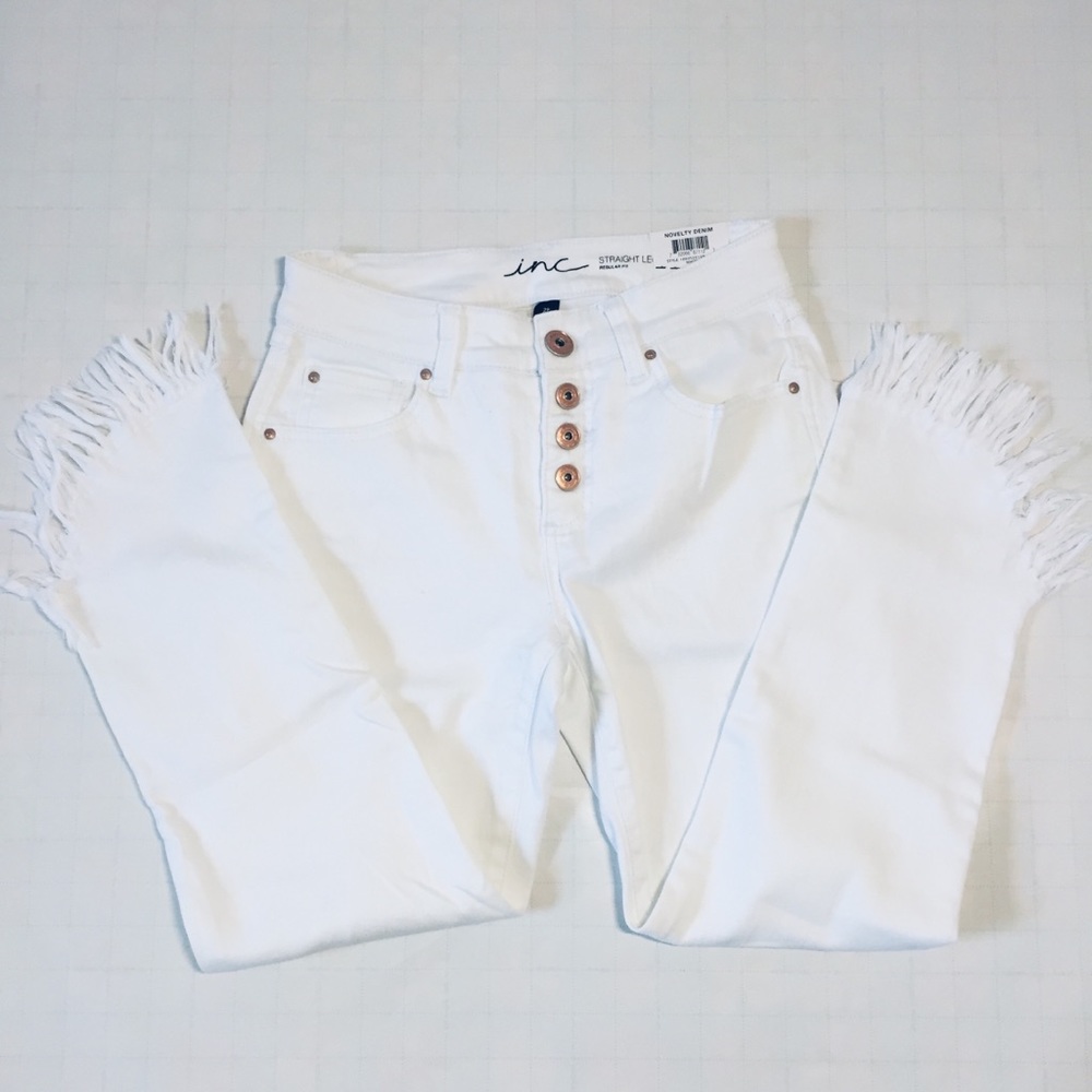 INC bright white mop hem high rise skinny jeans